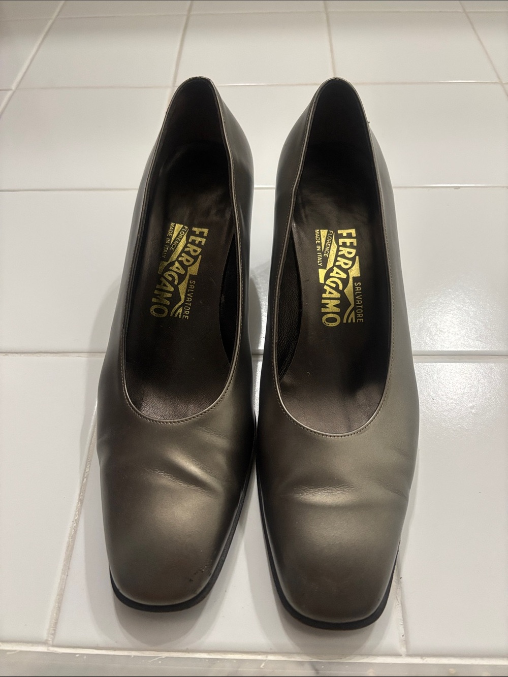 Salvatore Ferragamo Metallic Silver Block Heel Pumps